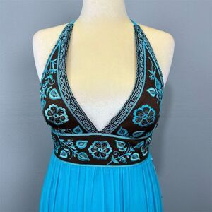 Jovani Dolce Embroidered Maxi Dress Blue Size‎ 10 Silk Halter Plunge V Backless